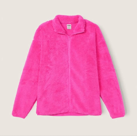 PINK VS Full Zip Up Teddy Jacket Atomic Pink NWOT - Picture 2 of 5